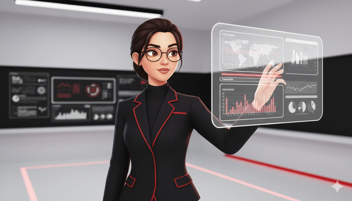 Fareeha AI Creator interacting with holographic data displays